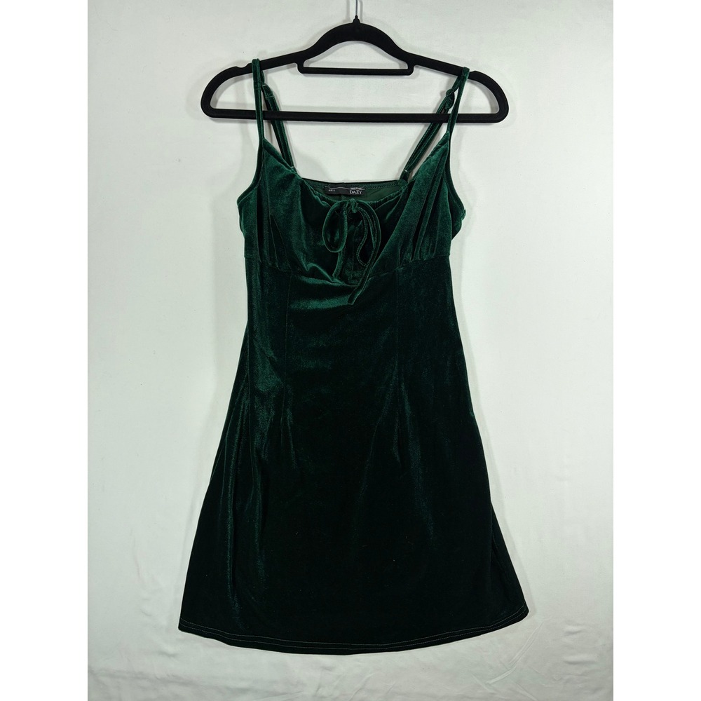 DAZY Velvet Mini Dress Womens Small Green Excellent Tie Front Spaghetti Strap